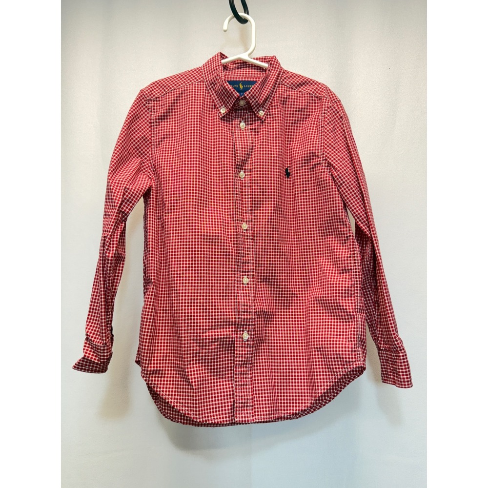 Ralph Lauren Button Down Shirt Boys 7 Red White Gingham Check Long Sleeve